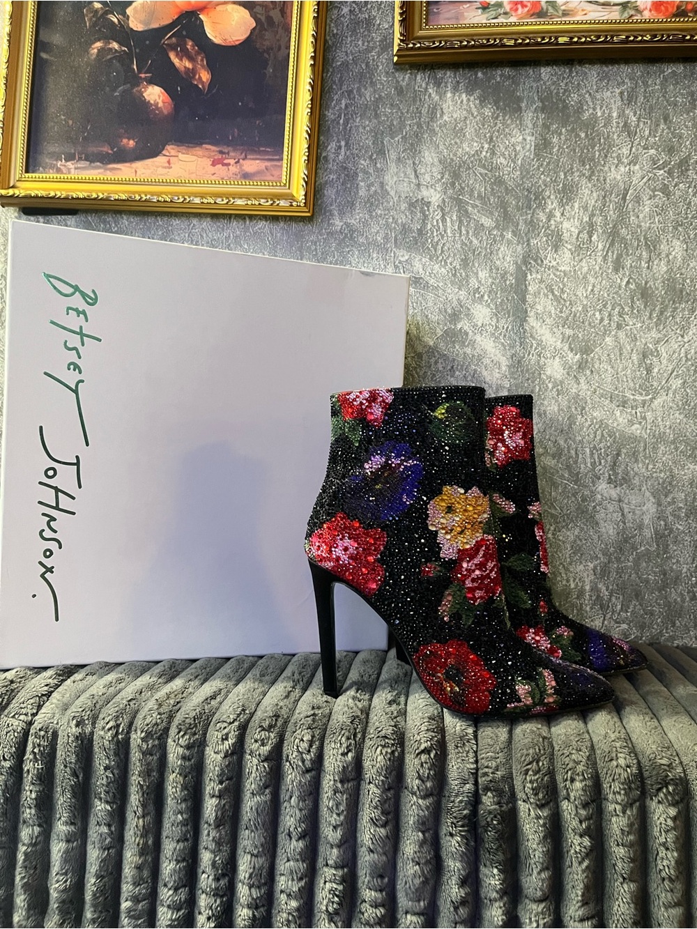 Betsey Johnson Black Floral Sequin Pointed-Toe Stiletto Ankle Boots